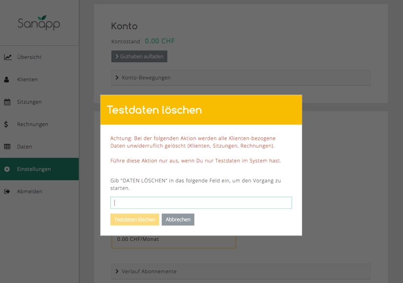 Modalfenster Testdaten löschen