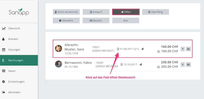 Detailansicht über Klick auf Rechnungszeile öffnen