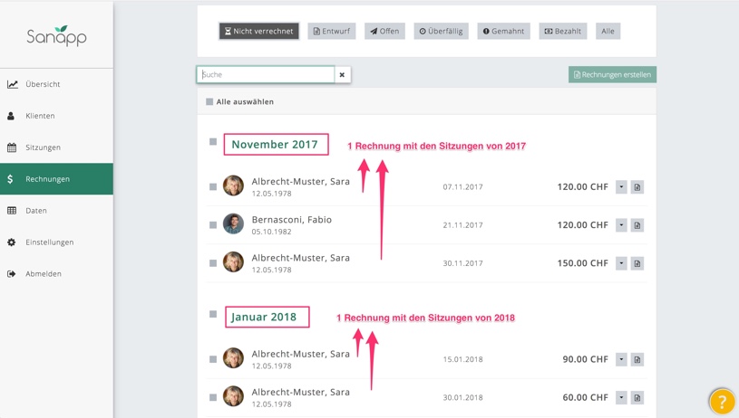 Rechnungsdaten in der Sitzung