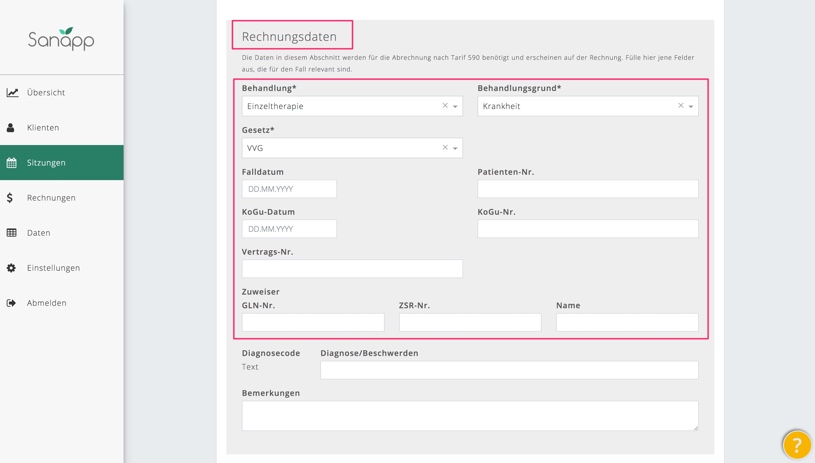 Rechnungsdaten in der Sitzung