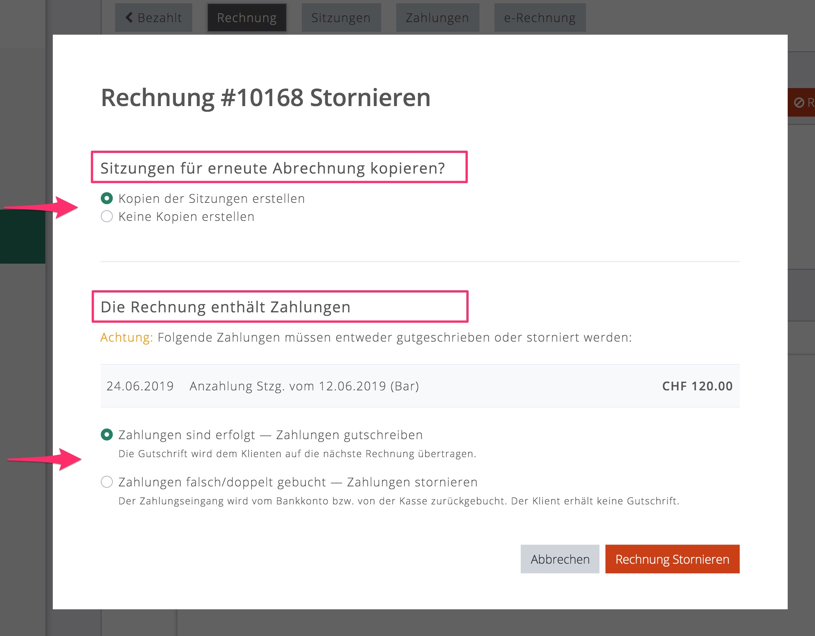 Modalfenster Stornierung mit Zahlung